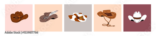 Designs of cowboy hats set. Different cowgirls headgears decorated with feathers, spotted pattern. Wild west headwear. Western American head accessories. Leather Texas caps. Flat vector illustrations