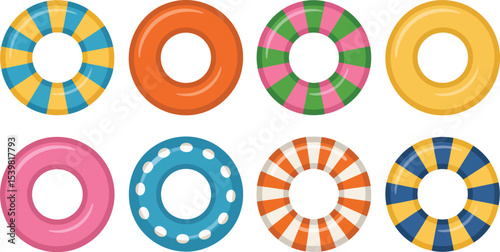 Collection of eight colorful inflatable swim rings in various designs and vibrant color schemes