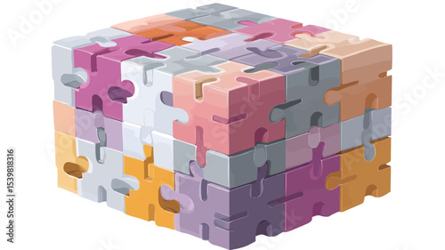 Close-up shot of a cube-shaped jigsaw puzzle composed of numerous small, interlocking pieces. The pieces are in various pastel shades of pink, purple, orange, yellow, gray, and white. 