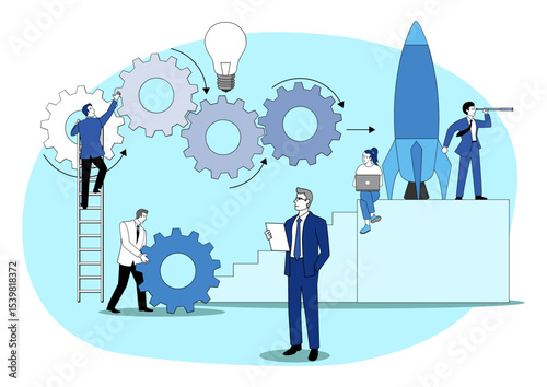 Startup Launch Concept, with teamwork, gears, and light bulb Idea