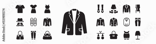 Clothing, fashion icon set. Vector glyph pictograms of shirt, dress, jacket, shoes, handbag, apparel, accessories and wardrobe black silhouette illustration.