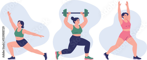 Three women in sportswear performing lunges with and without weights against a white background