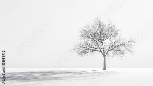 A solitary tree stands against a stark white background casting a long shadow across the ground plane