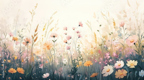 A watercolor painting of a field of flowers in pink yellow and white with a soft hazy background