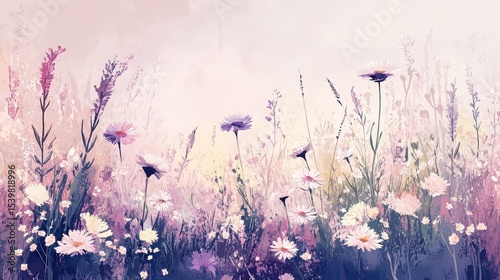 A dreamy field of wildflowers with lavender and daisies in soft pastel colors in an impressionistic style