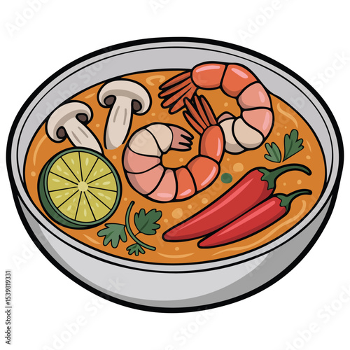Spicy Asian soup in white bowl vector isolated white background