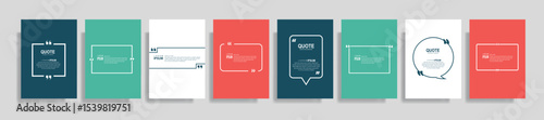 Collection of blank quote frame templates. Text in brackets, empty quote speech bubble, quotation. Text box isolated on color background
