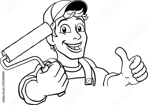 A painter decorator handyman cartoon construction man mascot character holding a paint roller tool