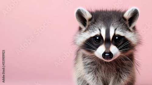 Baby raccoon with a pink background. The raccoon is looking at the camera. The pink background gives the image a soft and gentle mood