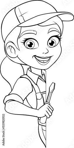 A woman female electrician holding a screwdriver tool builder construction cartoon character mascot.