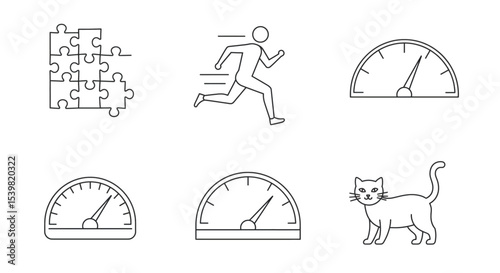 Vector symbols jigsaw puzzle, athlete running, speedometer, and domestic cat