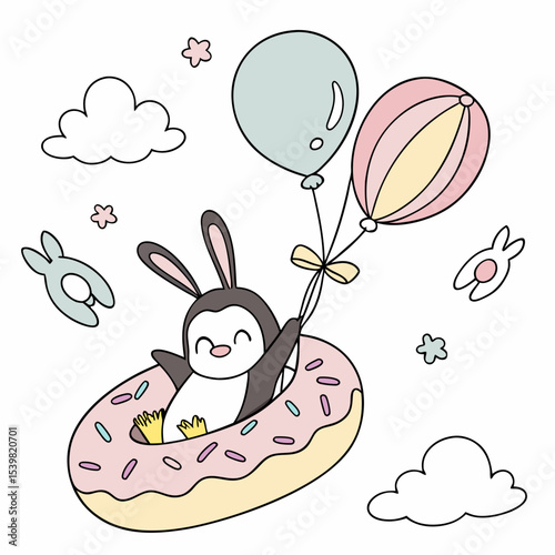 Vector illustration of a Mischievous Penguin with inside a donut float, styled in a Soft pastel theme using Soft Pastel colors