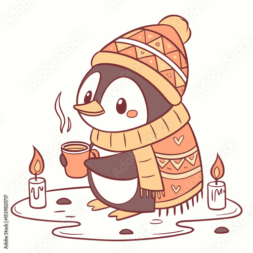 Content expression on a Penguin in a Christmas theme, with splashing in puddles – Warm Cozy vector art