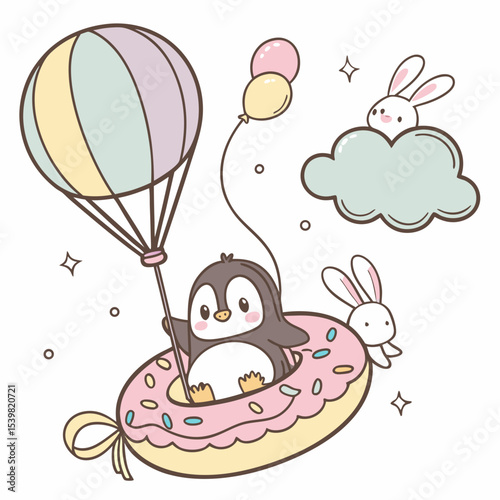 Vector illustration of a Mischievous Penguin with inside a donut float, styled in a Soft pastel theme using Soft Pastel colors