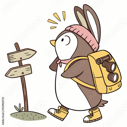 Vector illustration of a Curious Penguin with wearing bunny slippers, styled in a Forest adventure theme using Evergreen Trails colors