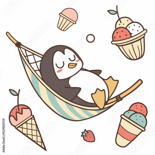 Vector illustration of a Shy Penguin with in a hammock, styled in a Ice cream party theme using Scoops & Swirls colors