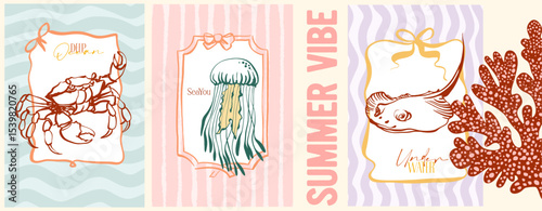 Summer vibe, underwater world. Modern poster including cute linear illustrations on the theme of the ocean, seaside vacation, underwater inhabitants, corals and algae in a bright cartoon style.