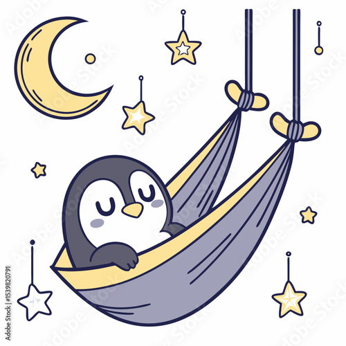 Whimsical Penguin feeling Shy in a Starry night setting with in a hammock – colored in Magical Night
