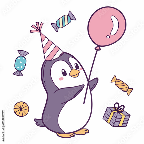 Cute SVG of a Playful Penguin in Candy Shop colors, featuring with a balloon in a Birthday setting