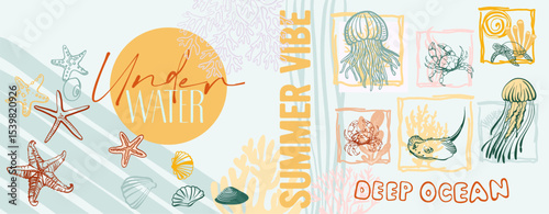 Summer vibe, underwater world. Modern poster including cute linear illustrations on the theme of the ocean, seaside vacation, underwater inhabitants, corals and algae in a bright cartoon style.