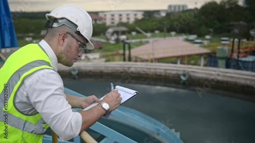 environmental engineer working at the wastewater treatment try to check the quality of the water in a tank and write down the test result on a clipboard