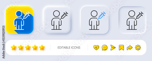 People vaccination line icon. Neumorphic, Flat shadow, 3d buttons. Vaccine syringe sign. Man jabbed symbol. Line people vaccination icon. Social media icons. Vector
