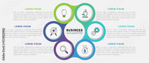 Business Infographic design template with 6 steps and icons, vector illustration.
