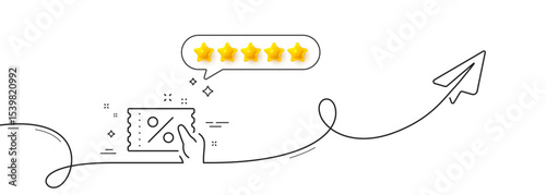 Discount coupon line icon. Continuous line with share plane. Sale offer sign. Promotion price symbol. Five star rate review in speech bubble. Discount coupon single line ribbon. Vector