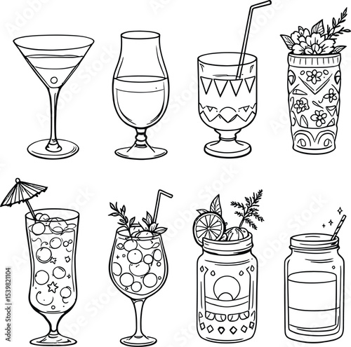 Black-and-White Vector Illustrations of Decorative Drink Glasses – Perfect for Beverage Menus and Summer-Themed Designs