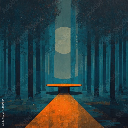 A stylized forest scene at night, featuring a glowing orange path leading to a circular table under a large, pale moon