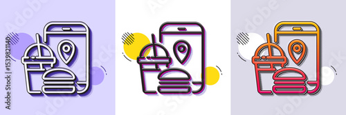 Food delivery app line icon. Halftone dotted pattern. Gradient icon with grain shadow. Contactless meal order sign. Grocery phone application symbol. Line food app icon. Various designs. Vector