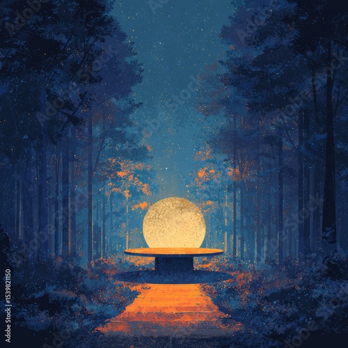 A luminous orb rests on a pedestal in a moonlit forest path, glowing warmly, casting an ethereal light on the surrounding trees and undergrowth