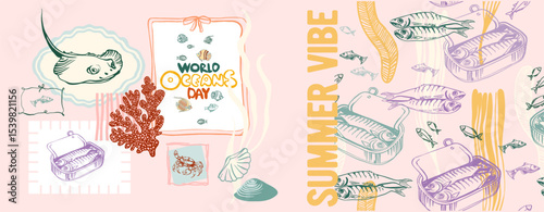 Summer vibe, underwater world. Modern poster including cute linear illustrations on the theme of the ocean, seaside vacation, underwater inhabitants, corals and algae in a bright cartoon style.