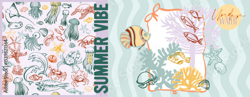 Summer vibe, underwater world. Modern poster including cute linear illustrations on the theme of the ocean, seaside vacation, underwater inhabitants, corals and algae in a bright cartoon style.