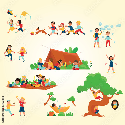 Outside summer tent children playing activity icon set children have fun running hula hooping flying kites and soap bubbles vector illustration