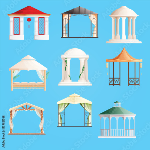 Gazebo in various styles for gardens or parks flat set isolated vector illustration lantern art flat botanical holiday decoration traditional forest 