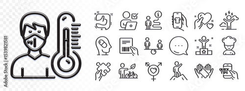 Thermometer, Smartphone holding and Like line icons for web app. Glare of light effect. Message icon. Pack of Eco bike, Genders, Parcel invoice pictogram icons. Vector