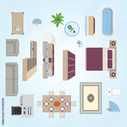 Interior Elements Top View Position comfort office collection shape simple minimalist construction layout window living room
