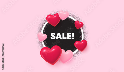 Sale picture frame banner. Circle photo frame. Sale promotion tag. Special offer price sign. Advertising Discounts symbol. 3d hearts balloons. Grain dots pattern. Vector