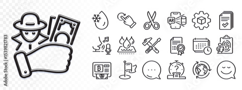 Rotation gesture, Hammer tool and Product development line icons for web app. Glare of light effect. Message icon. Pack of Fingerprint, Microphone, Cut pictogram icons. Vector
