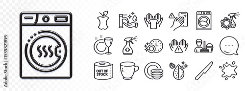 Dishwasher timer, Washing hands and Hold t-shirt line icons for web app. Glare of light effect. Message icon. Pack of Dont touch, Clean hands, Dishes pictogram icons. Vector