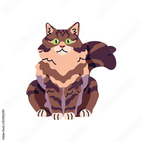 Big fluffy cat sits front view. Happy kitty with green eyes and striped coat. Cute kitten with furry tail. Funny domestic animal, amusing pet. Flat isolated vector illustration on white background