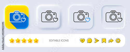 Photo camera line icon. Neumorphic, Flat shadow, 3d buttons. Love photography sign. Heart symbol. Line photo camera icon. Social media icons. Vector