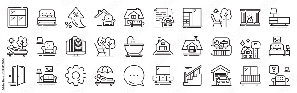 Fototapeta premium Furniture line icons. Settings gear, Message, Inflation icons. Balcony, house terrace and garden deckchair set. Home furniture, bath tub and fireplace line icons. Vector