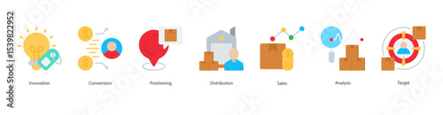Market Innovation banner web icon set vector illustration concept with icon of innovation, conversion, positioning, distribution, sales, analysis, target
