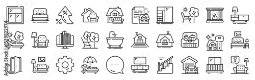 Furniture line icons. Settings gear, Message, Inflation icons. Balcony, house terrace and garden deckchair set. Home furniture, bath tub and fireplace line icons. Vector