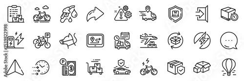 Warning, Petrol station and Delivery time line icons pack. Share, Message, Paper plane icons. Delivery timer, Air balloon, Transport insurance web icon. Vector photo