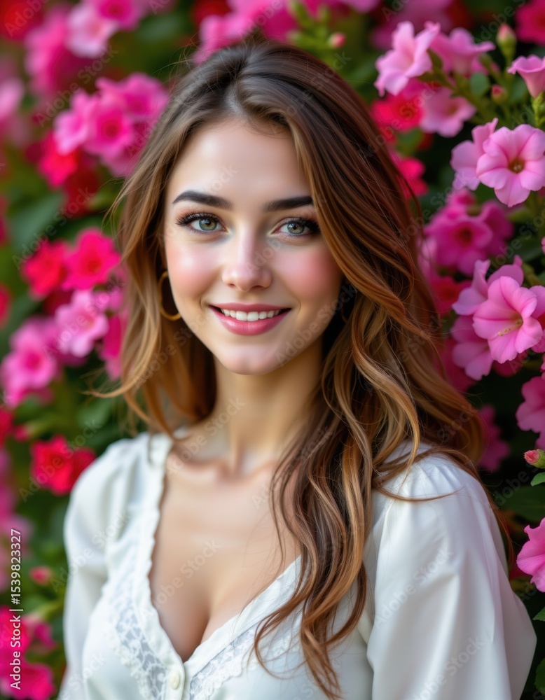 Fototapeta premium Portrait of a smiling woman among vibrant flowers outdoor garden photography natural light close-up beauty