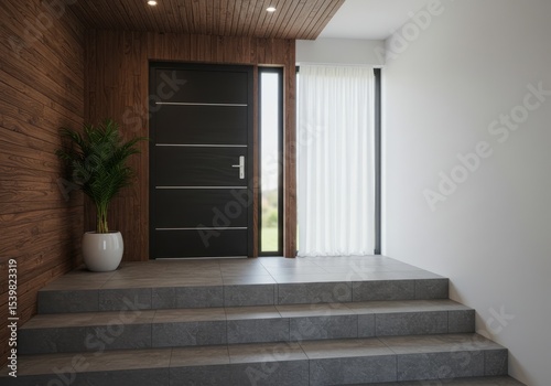 Modern entrance with wood door