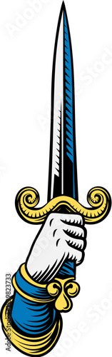 A hand holding a sword or dagger medieval weapon design illustration in a vintage woodcut retro tattoo style